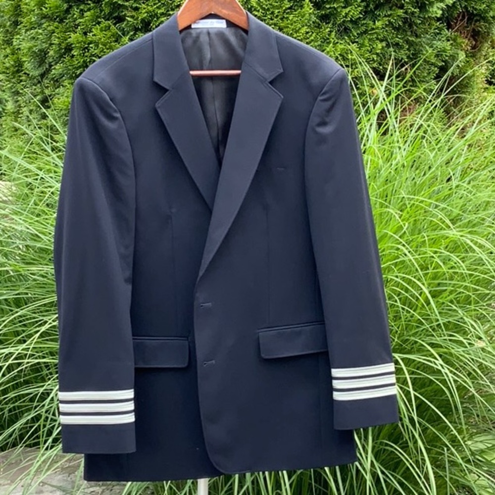 Murphy and Hartlius Navy Blue Wool Blend Pilot Uniform Blazer w/ Silver Stripes